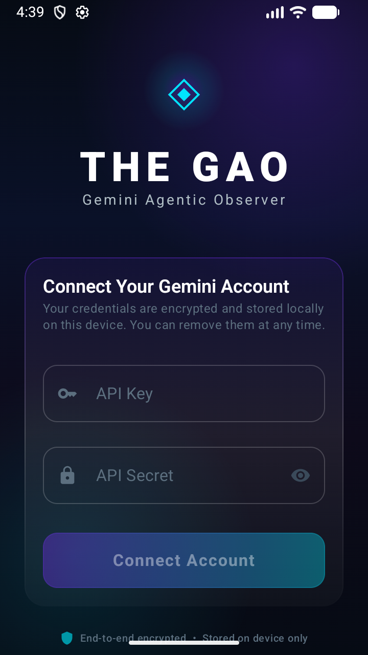 The GAO login screen — Connect Your Gemini Account with API Key and API Secret fields