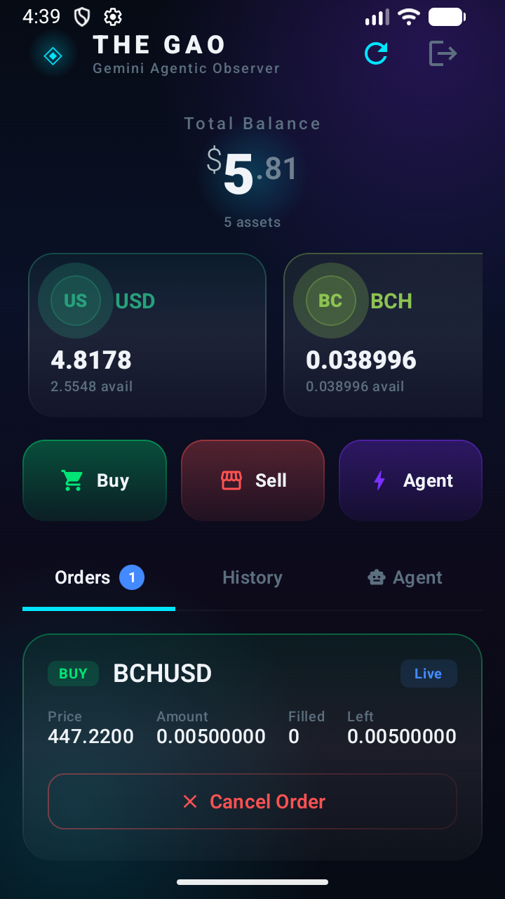 Dashboard showing total balance, USD and BCH cards, Buy / Sell / Agent actions, and a live BCHUSD order