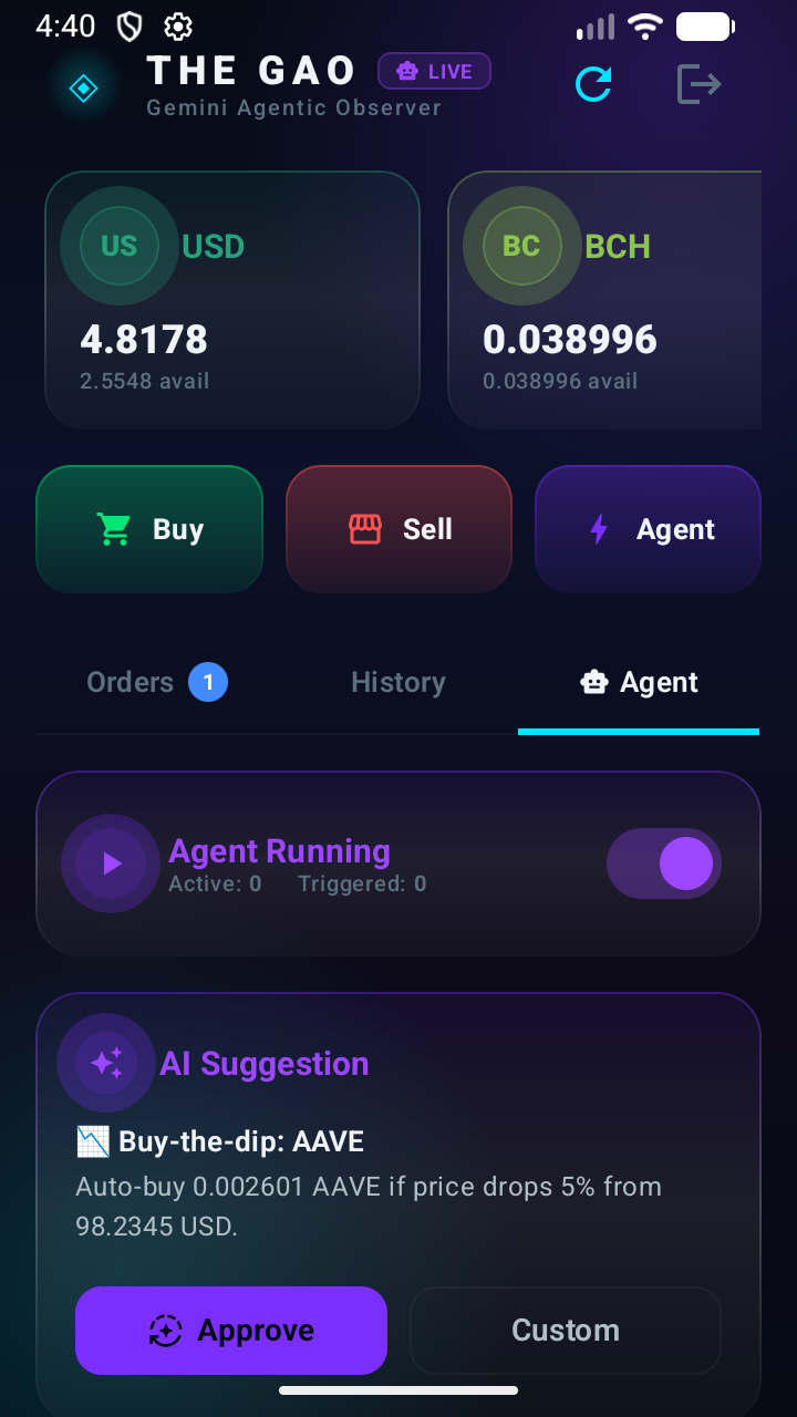 Agent tab showing AI Suggestion to buy the dip on AAVE if price drops 5% from current value