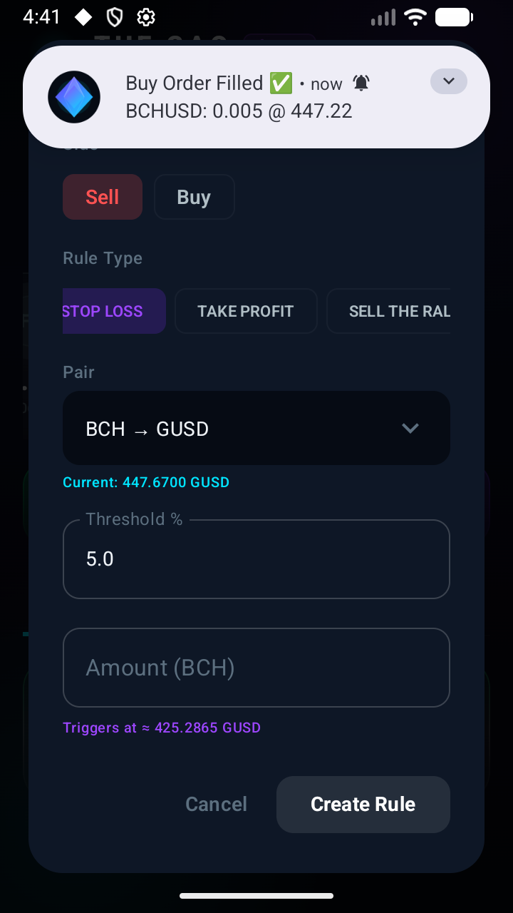 Create Rule dialog set to STOP LOSS for BCH to GUSD at 5 percent threshold, with a Buy Order Filled push notification