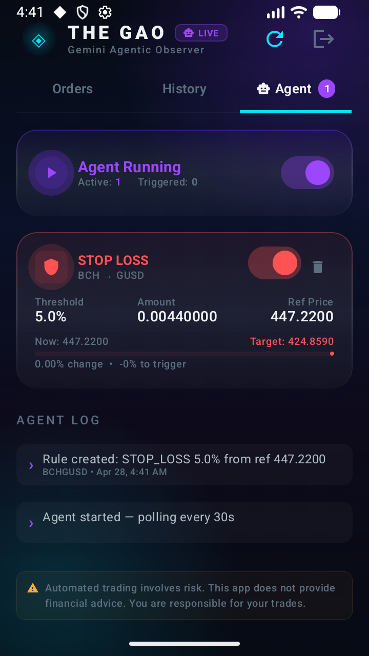 Agent Running with one active STOP LOSS rule on BCHGUSD and a live Agent Log showing rule creation and polling start